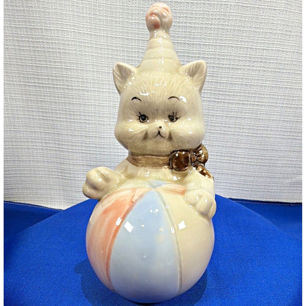 VTG Ceramic Circus Cat Figurine Party Hat & Striped Beach Ball Home Decor
